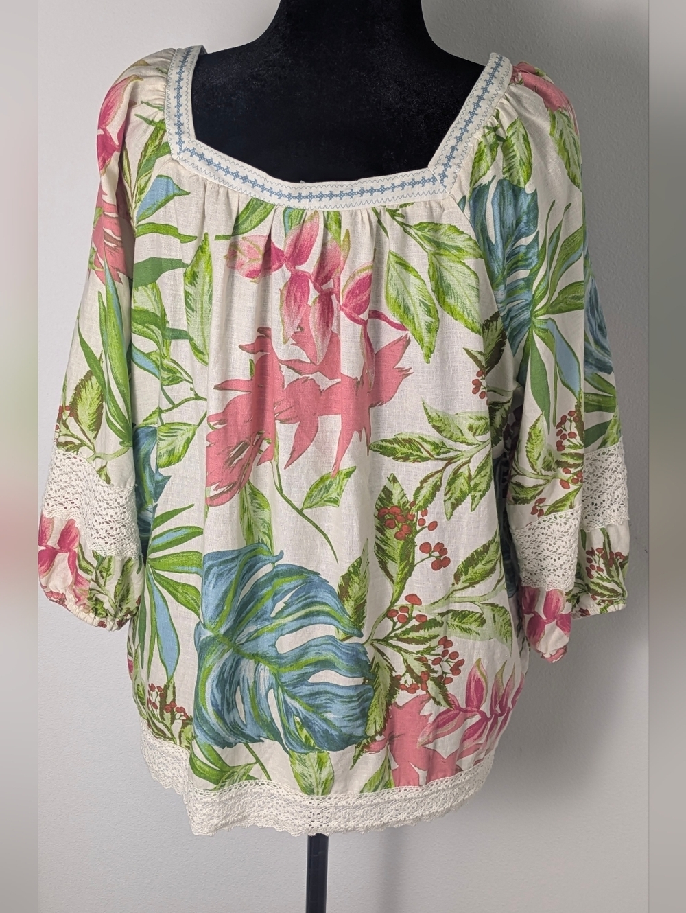 Nicole Miller Sz 1X Linen Blend Tropical Print 3/4 Puff Sleeve Lace Tunic Top - Picture 6 of 13